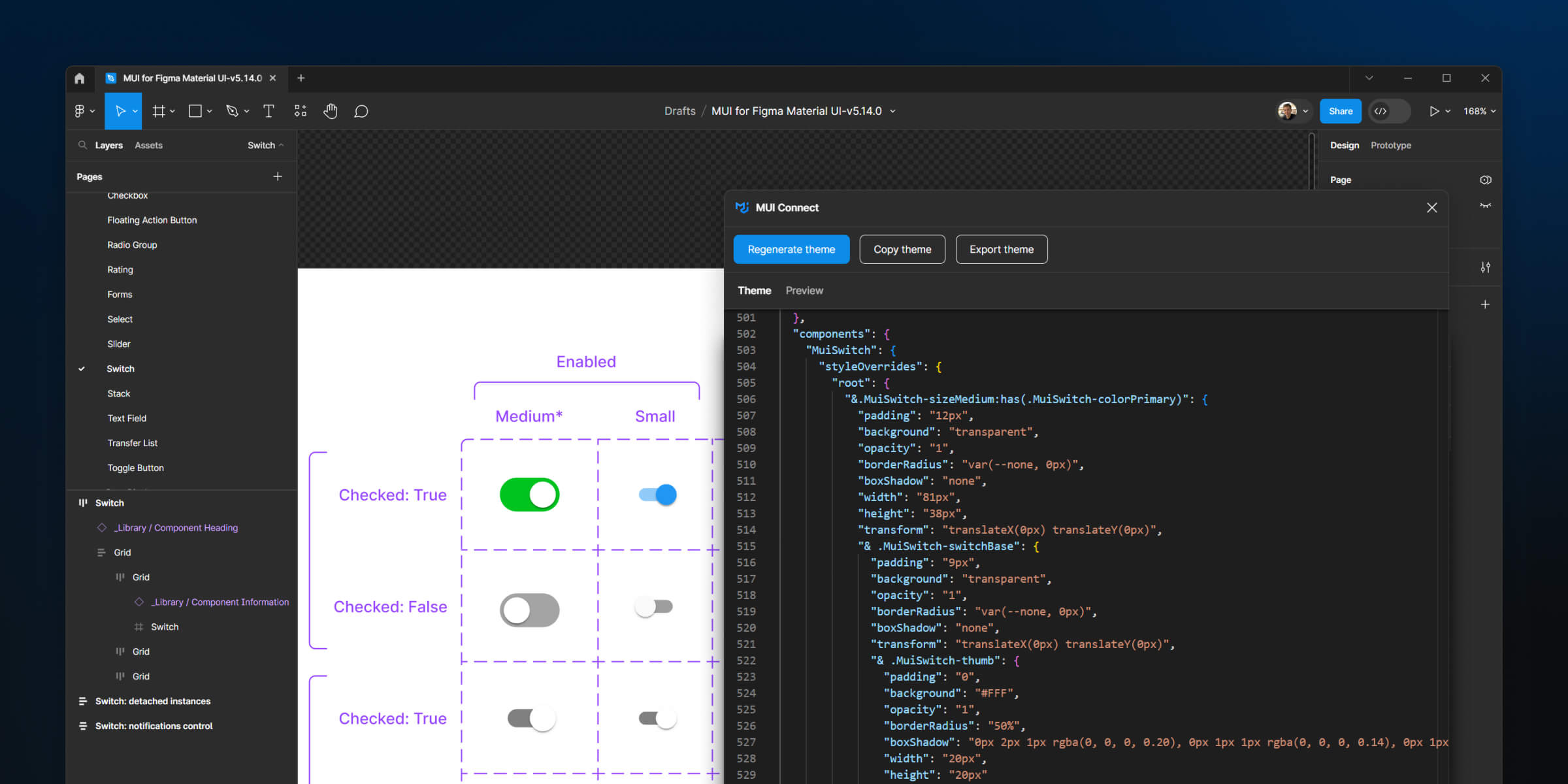 A screenshot of Figma together with the MUI Connect plug-in running on the side, doing customziations to the Material UI Switch component.